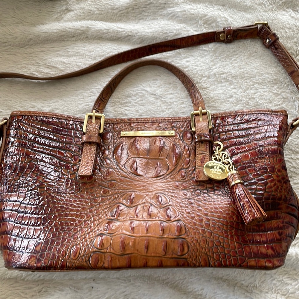 Brahmin Shoulder Tote Purse Handbag Croc Brown Zip Top Cognac Brown Long Strap